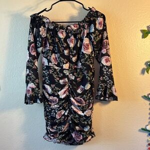 Pretty Little Thing Floral black with pink flower, three-quarter ruffle sleeve